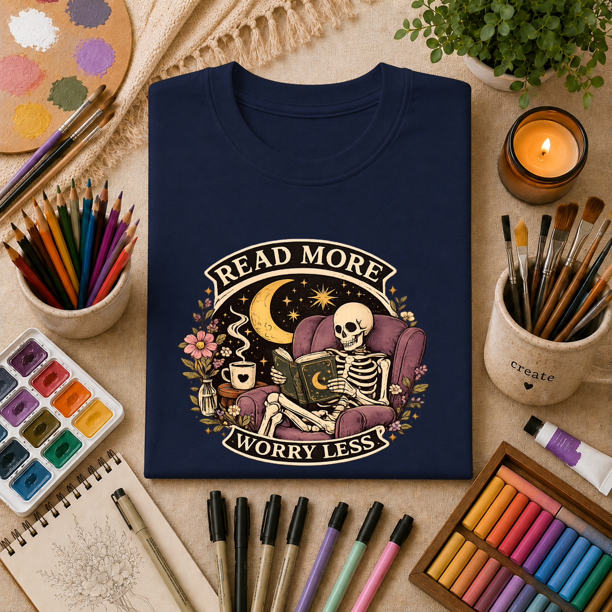 Read More, Worry Less T-Shirt — Skeleton Reading Graphic Tee