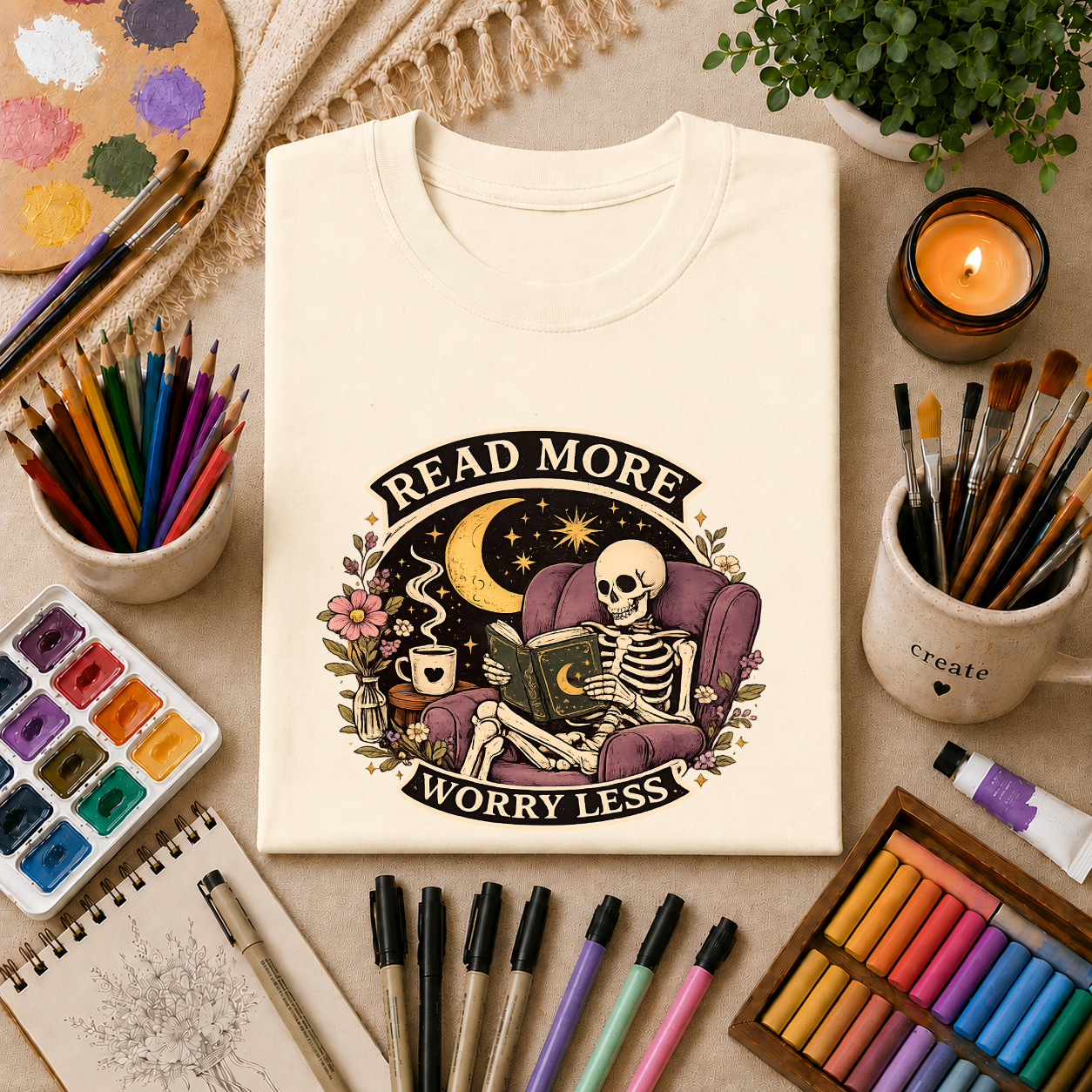 Read More, Worry Less T-Shirt — Skeleton Reading Graphic Tee