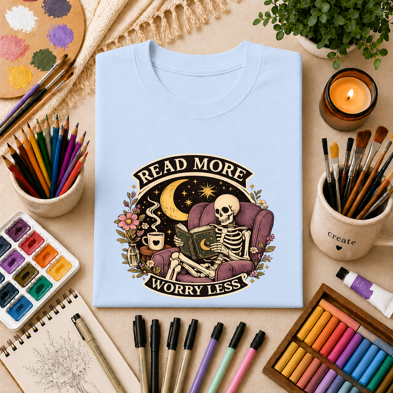 Read More, Worry Less T-Shirt — Skeleton Reading Graphic Tee