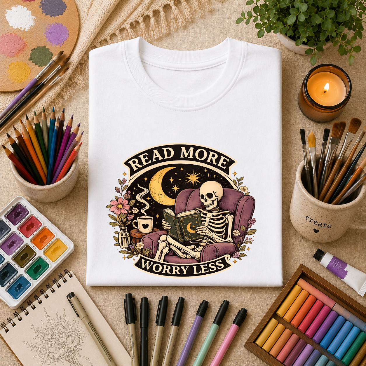 Read More, Worry Less T-Shirt — Skeleton Reading Graphic Tee