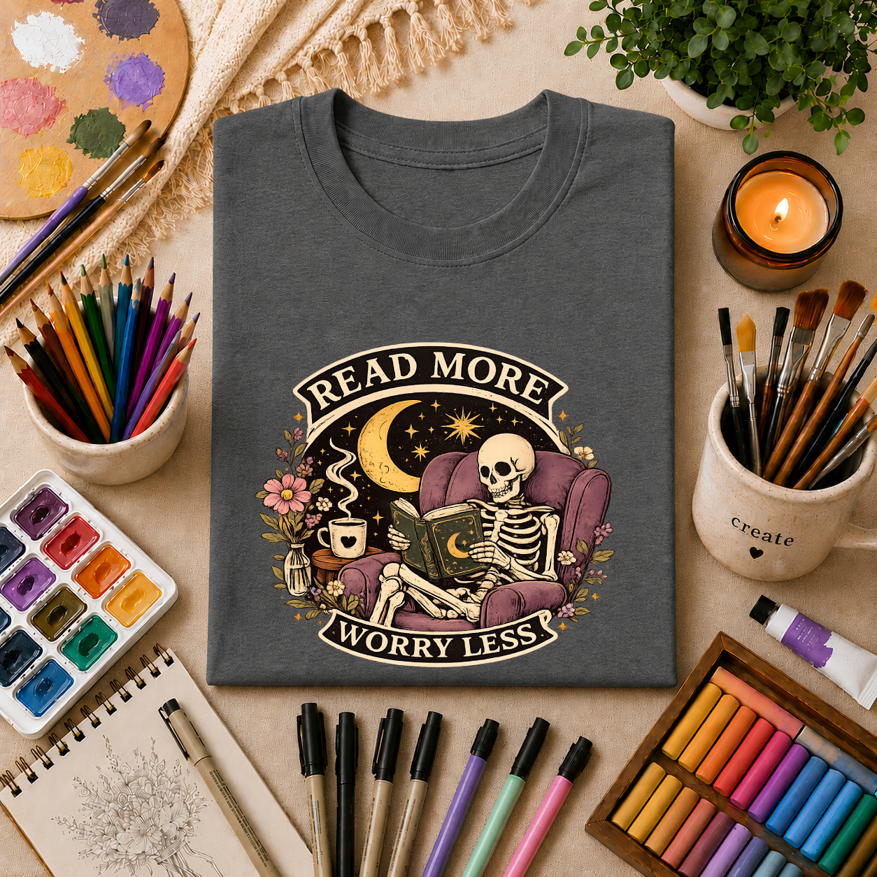 Read More, Worry Less T-Shirt — Skeleton Reading Graphic Tee
