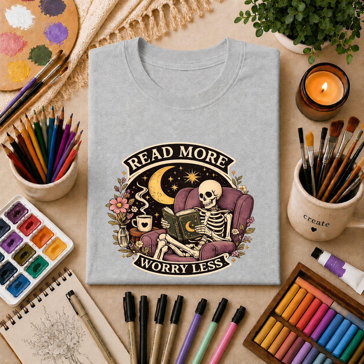 Read More, Worry Less T-Shirt — Skeleton Reading Graphic Tee