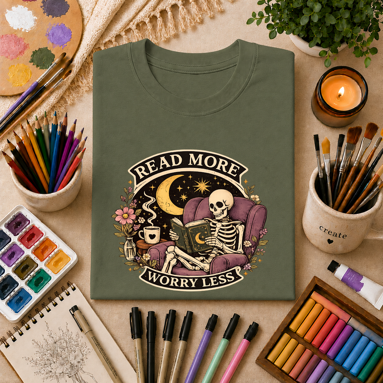 Read More, Worry Less T-Shirt — Skeleton Reading Graphic Tee