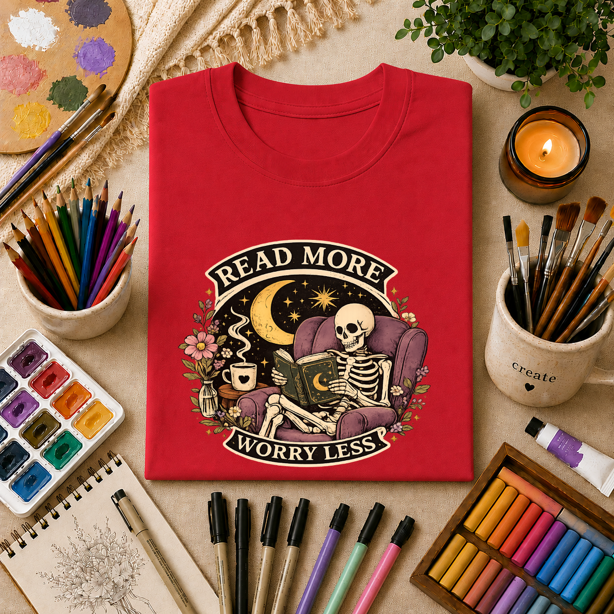 Read More, Worry Less T-Shirt — Skeleton Reading Graphic Tee