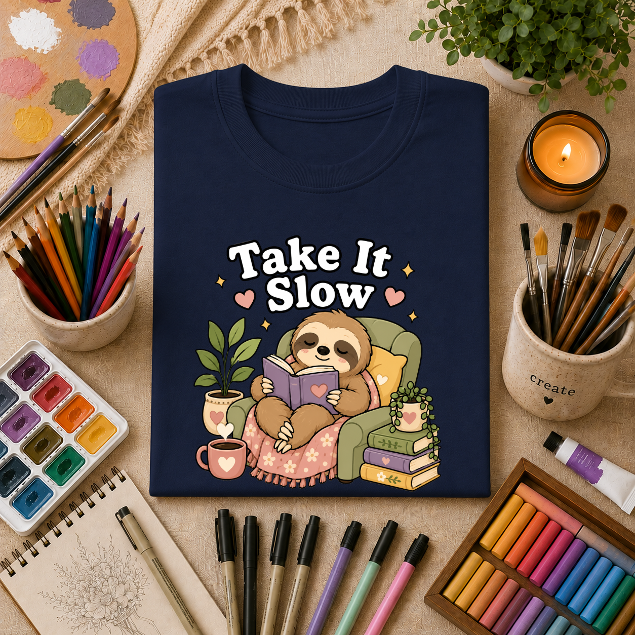 Take It Slow Sloth T-Shirt — Relaxing Cozy Reading Graphic Tee