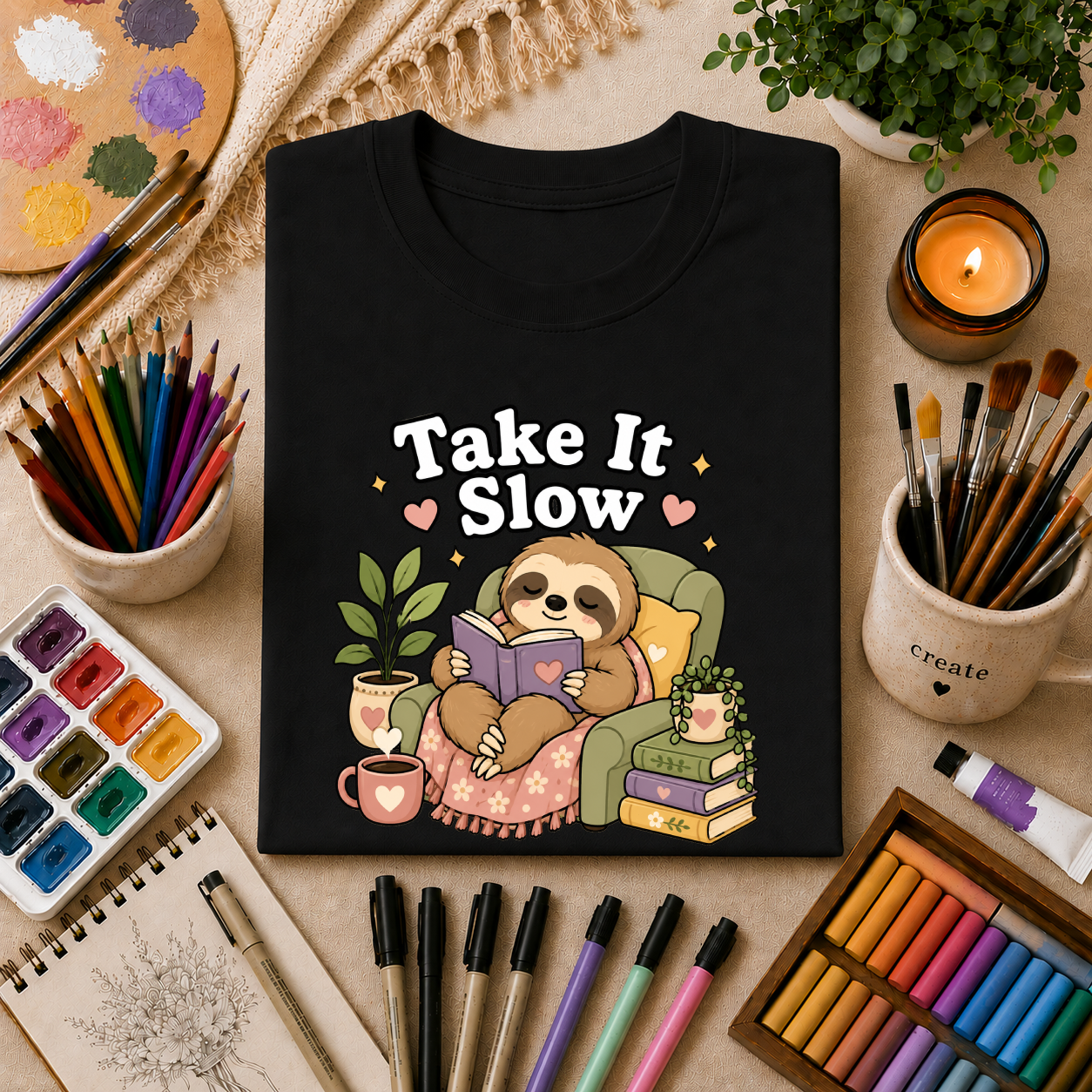 Take It Slow Sloth T-Shirt — Relaxing Cozy Reading Graphic Tee