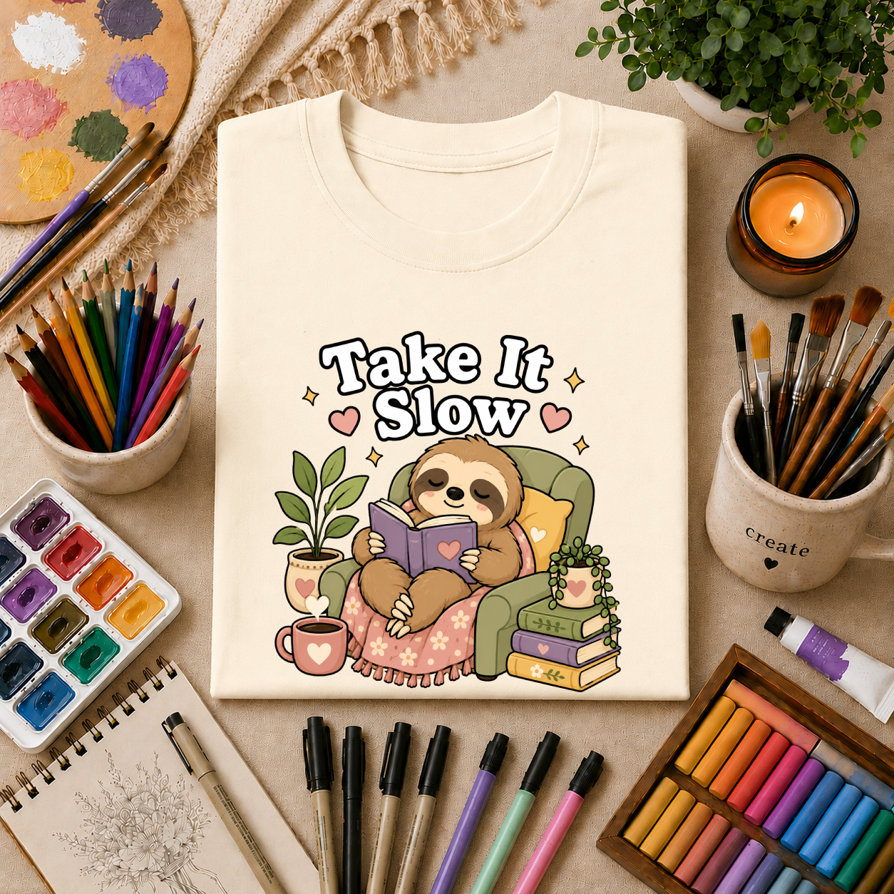 Take It Slow Sloth T-Shirt — Relaxing Cozy Reading Graphic Tee
