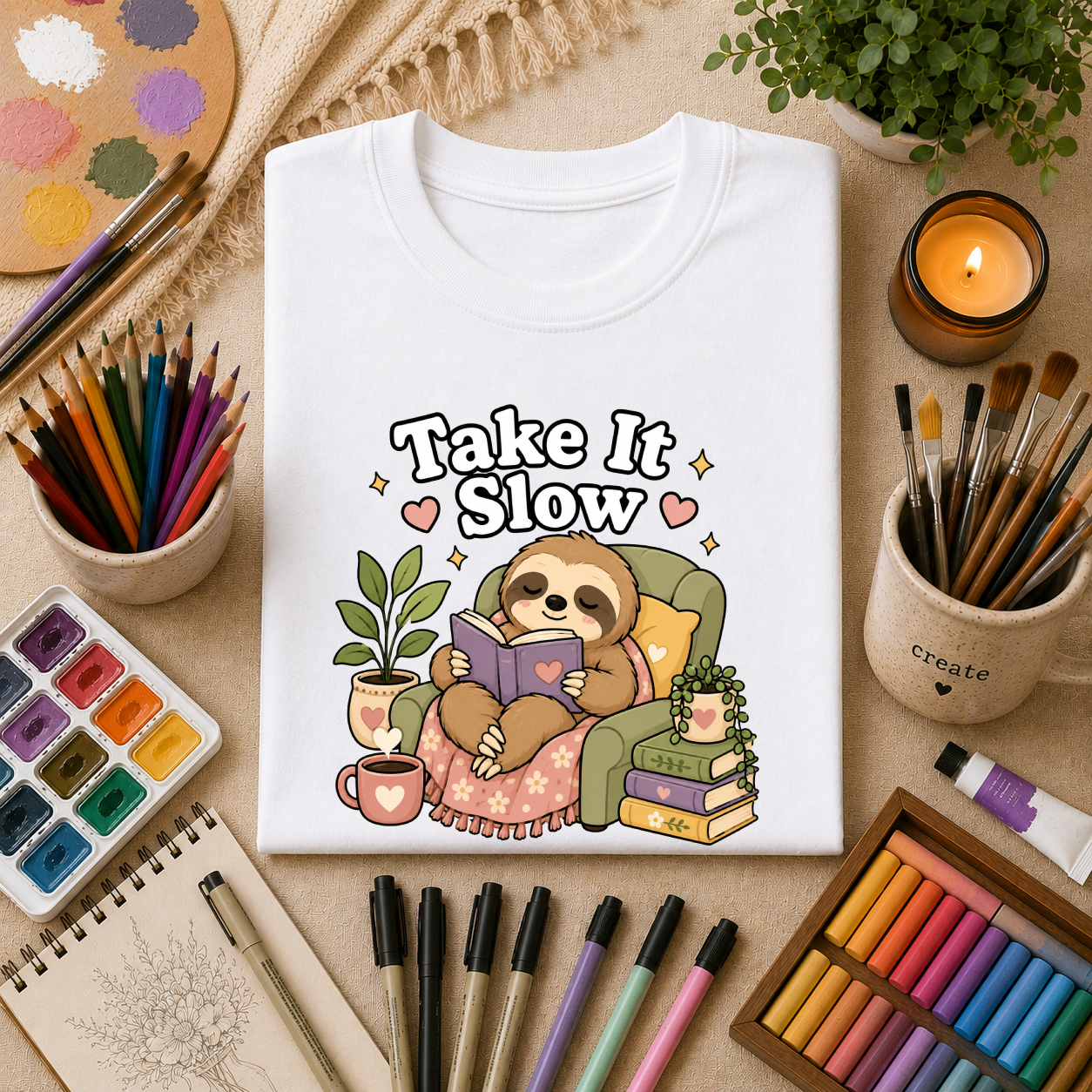 Take It Slow Sloth T-Shirt — Relaxing Cozy Reading Graphic Tee