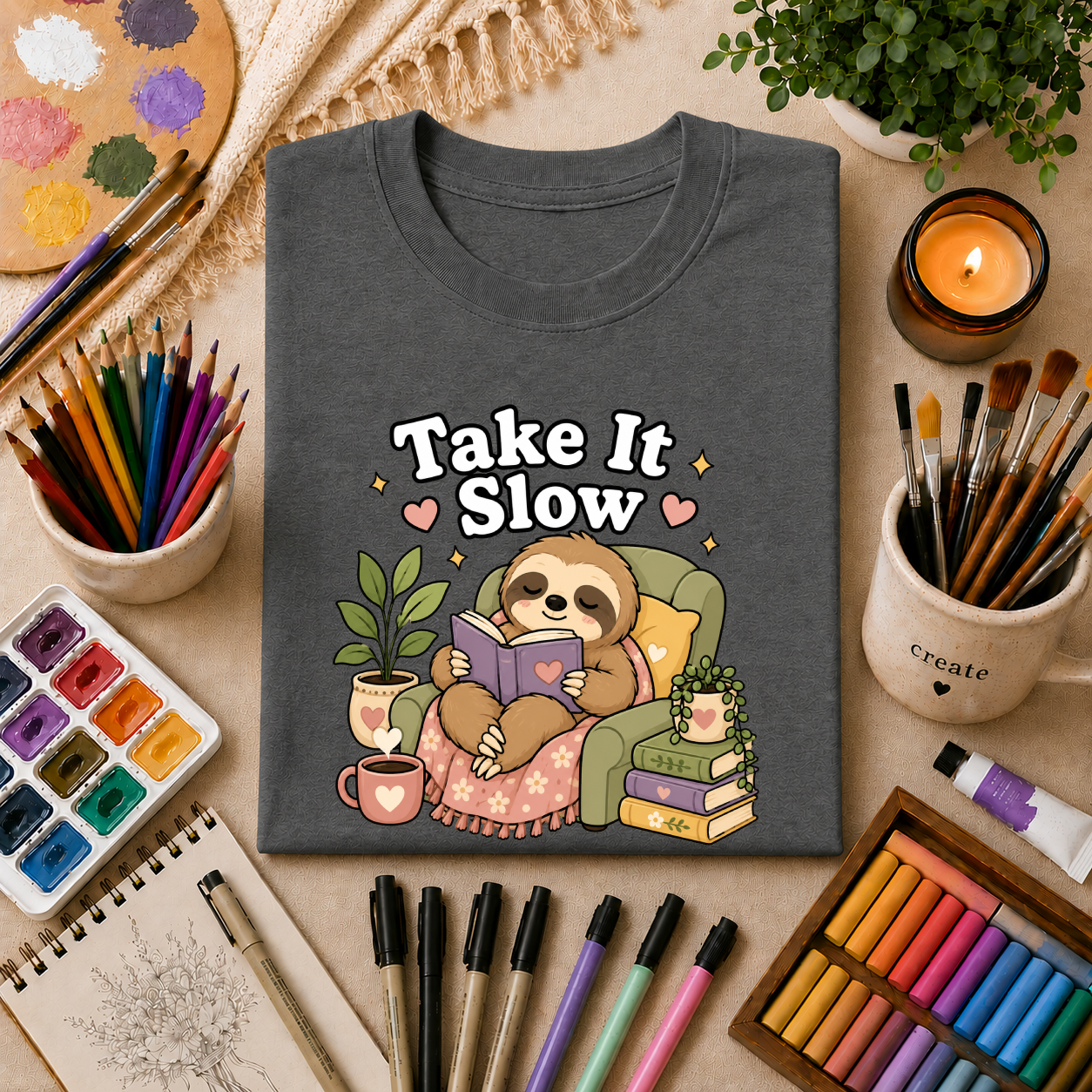 Take It Slow Sloth T-Shirt — Relaxing Cozy Reading Graphic Tee