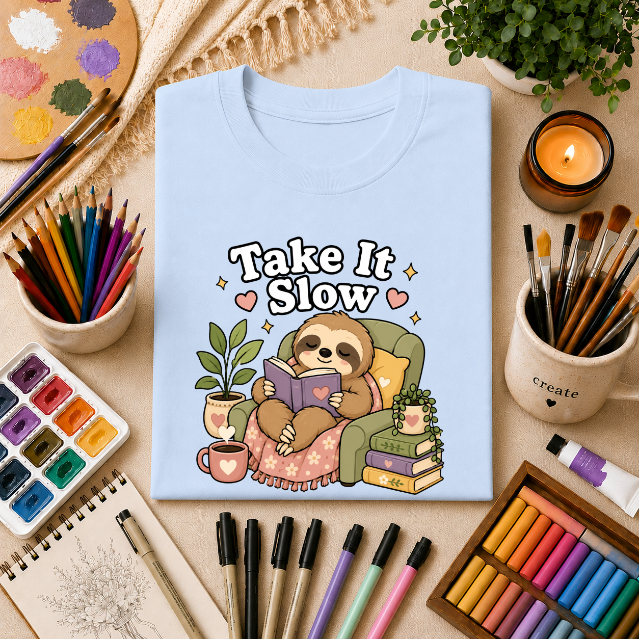 Take It Slow Sloth T-Shirt — Relaxing Cozy Reading Graphic Tee