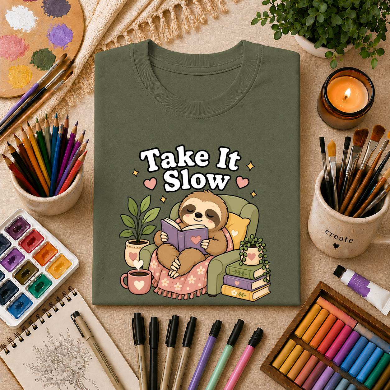 Take It Slow Sloth T-Shirt — Relaxing Cozy Reading Graphic Tee