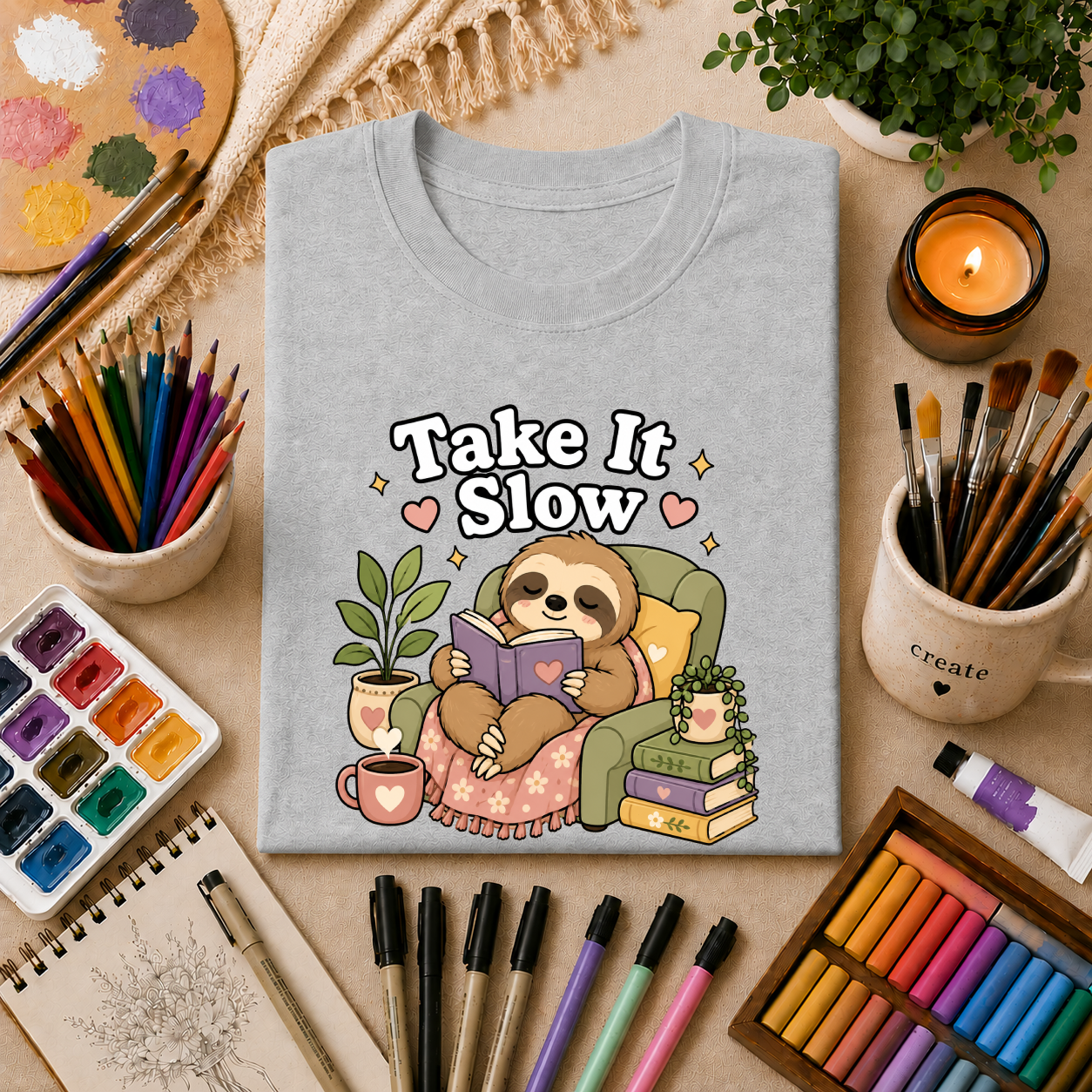 Take It Slow Sloth T-Shirt — Relaxing Cozy Reading Graphic Tee