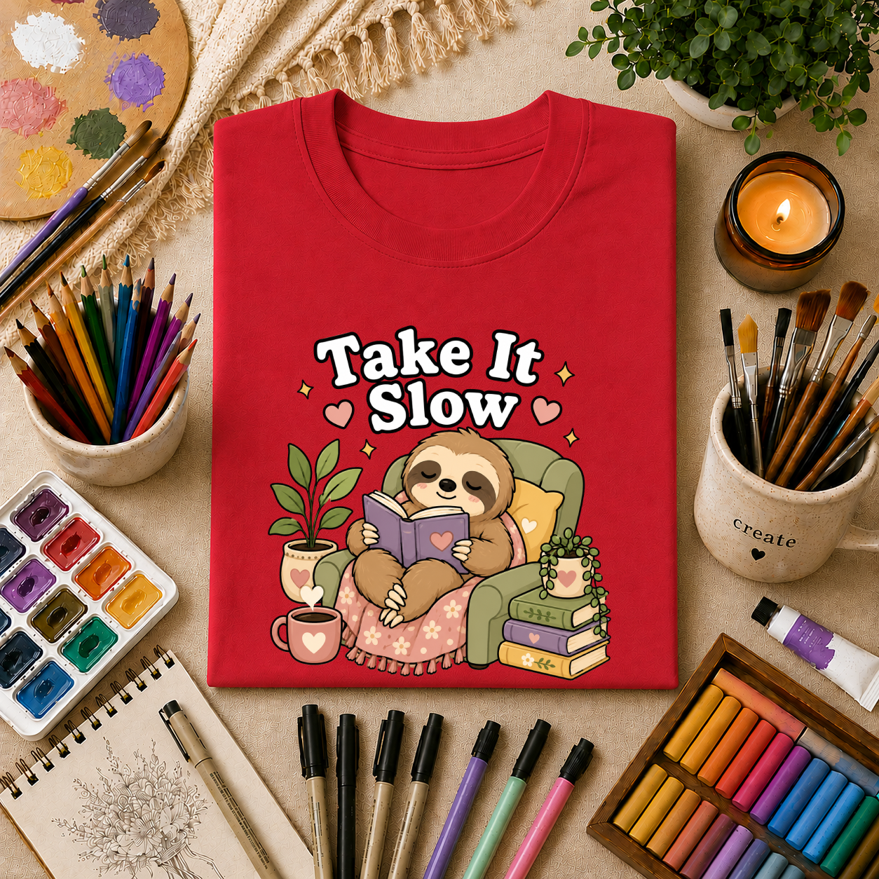 Take It Slow Sloth T-Shirt — Relaxing Cozy Reading Graphic Tee