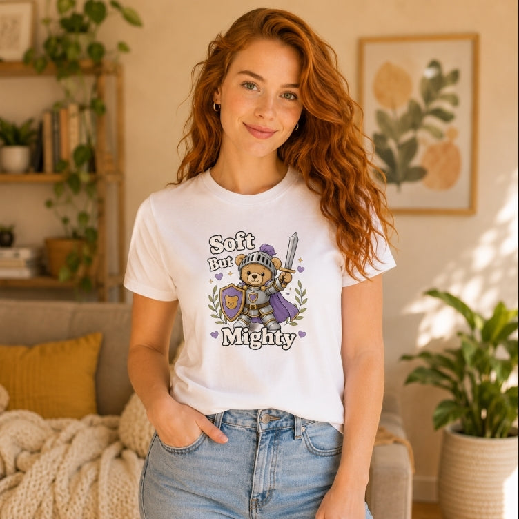 Soft But Mighty T‑Shirt — Cute Knight TeddyBear Graphic Tee