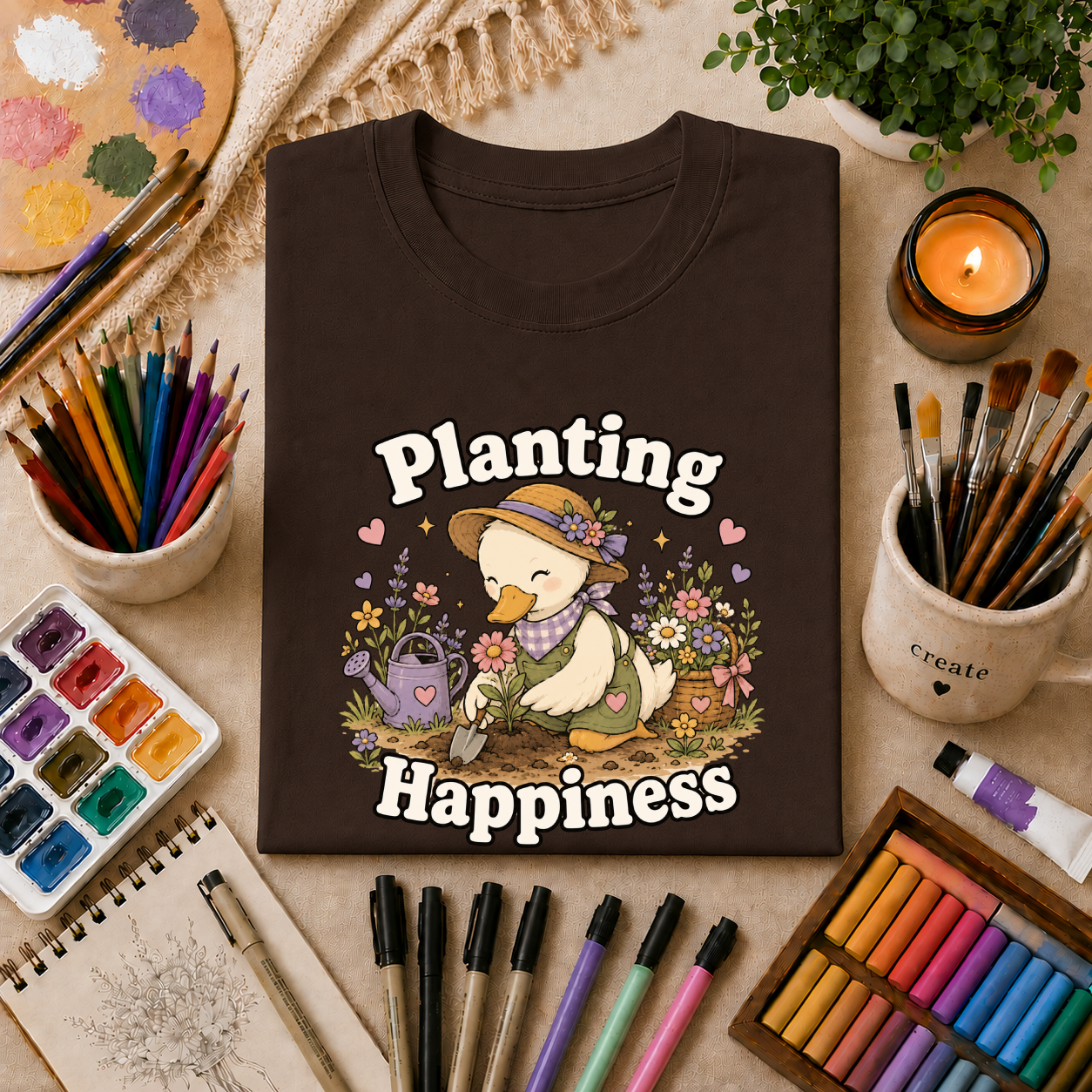 T-Shirt — "Planting Happiness" Cute Duck Gardening Graphic Tee