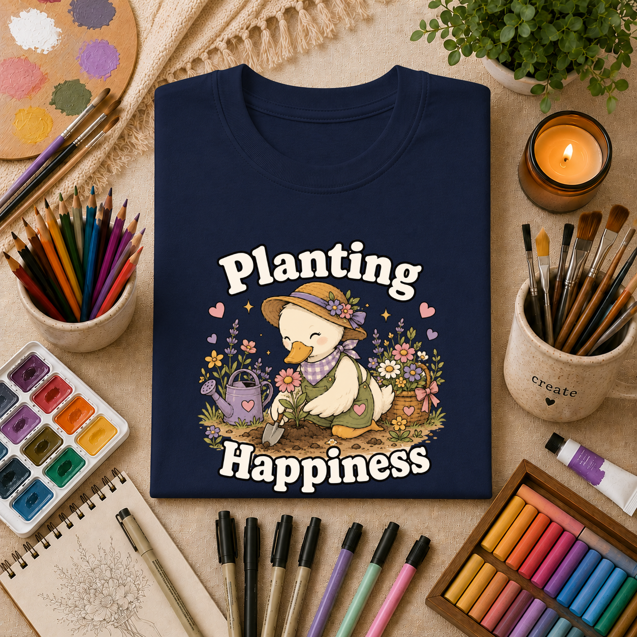 T-Shirt — "Planting Happiness" Cute Duck Gardening Graphic Tee