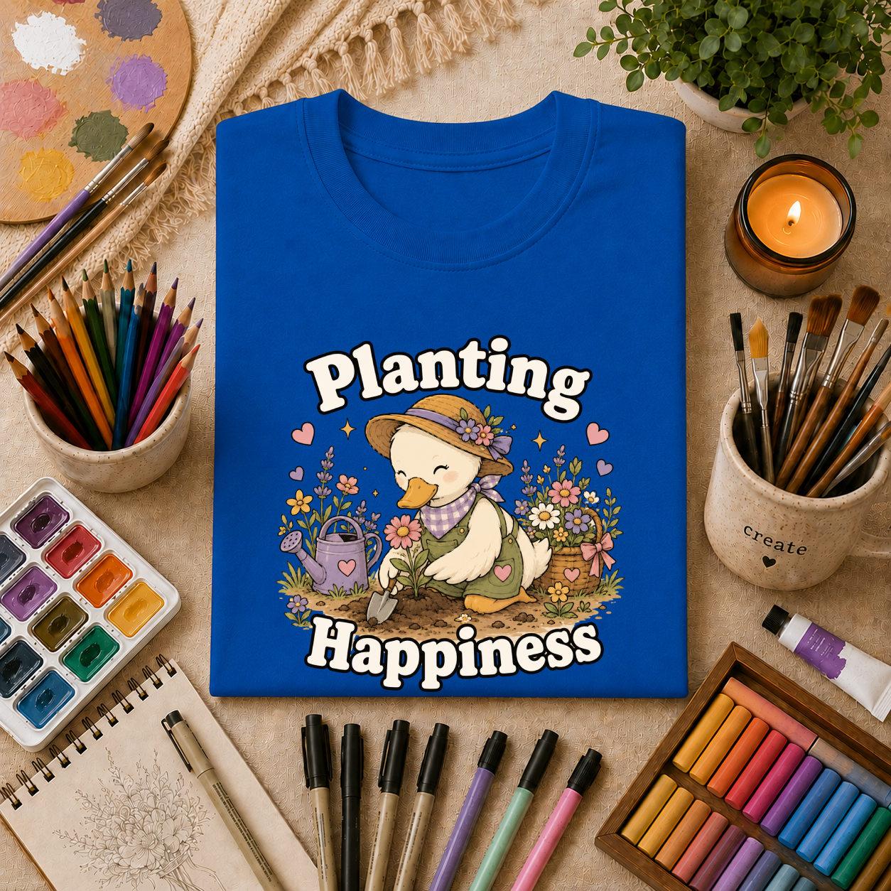 T-Shirt — "Planting Happiness" Cute Duck Gardening Graphic Tee