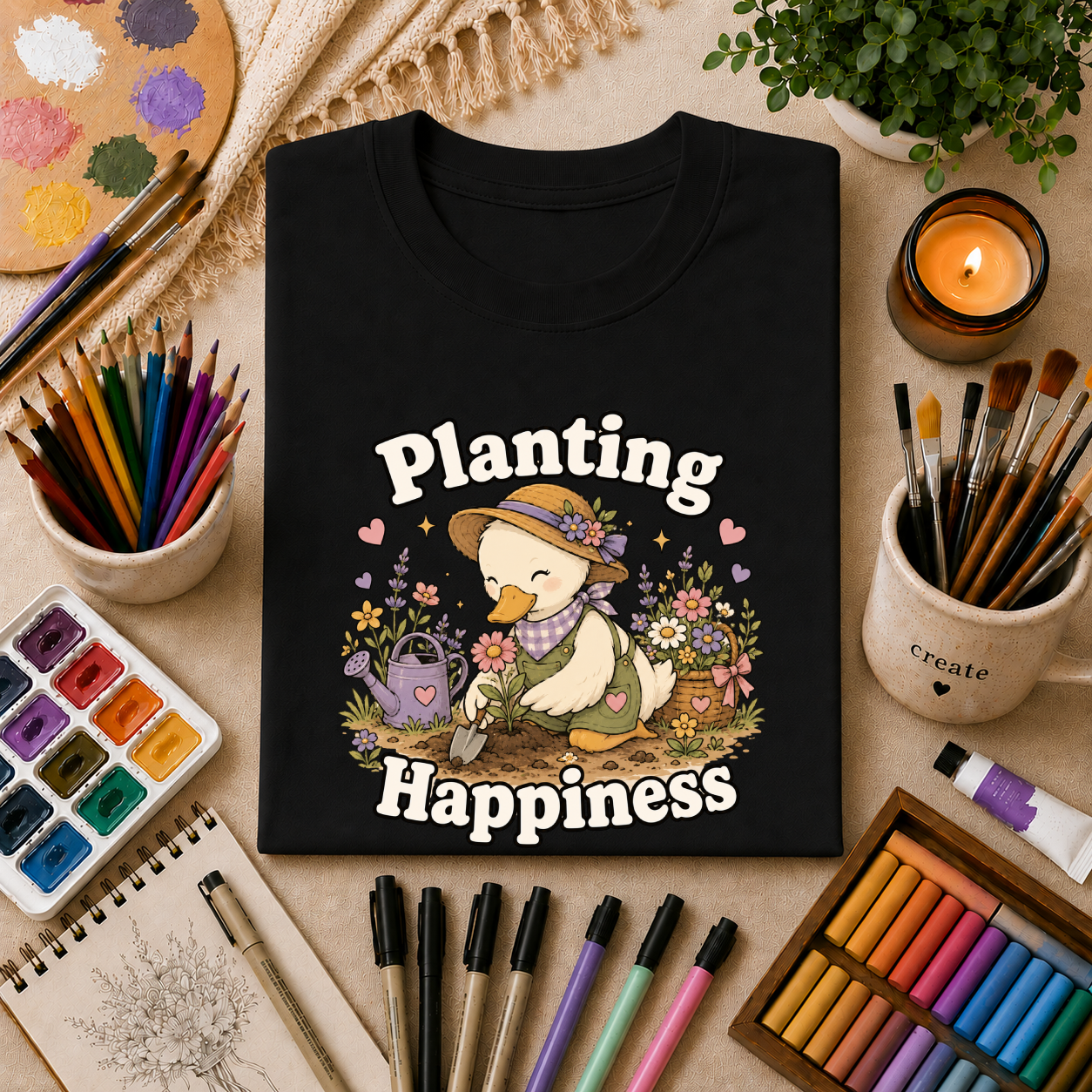 T-Shirt — "Planting Happiness" Cute Duck Gardening Graphic Tee