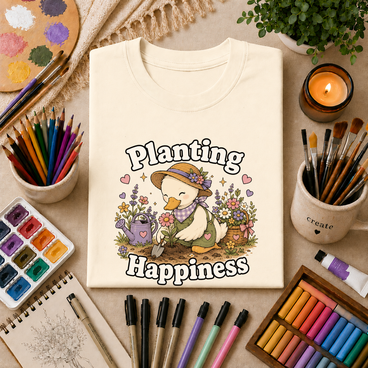T-Shirt — "Planting Happiness" Cute Duck Gardening Graphic Tee