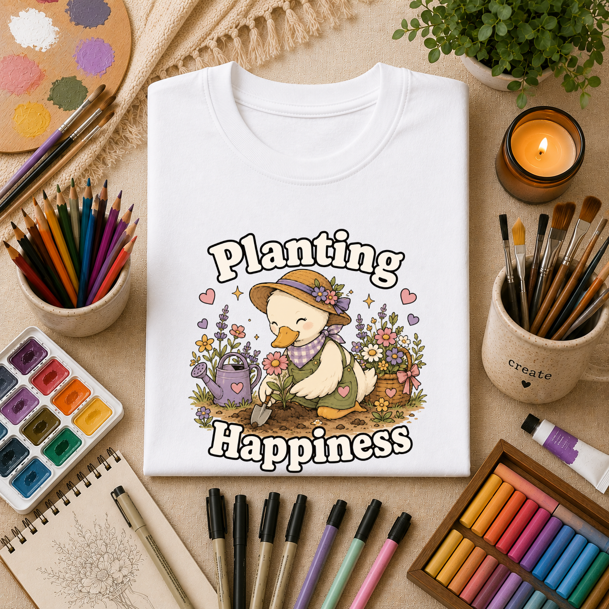 T-Shirt — "Planting Happiness" Cute Duck Gardening Graphic Tee