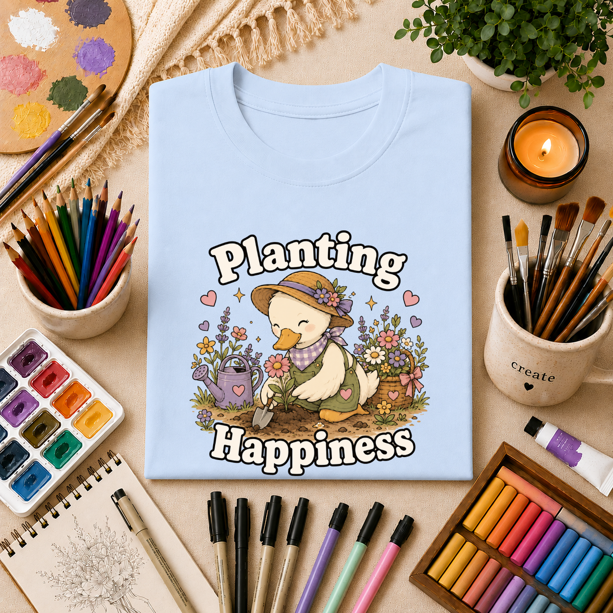 T-Shirt — "Planting Happiness" Cute Duck Gardening Graphic Tee