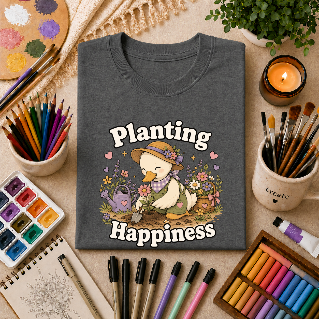T-Shirt — "Planting Happiness" Cute Duck Gardening Graphic Tee