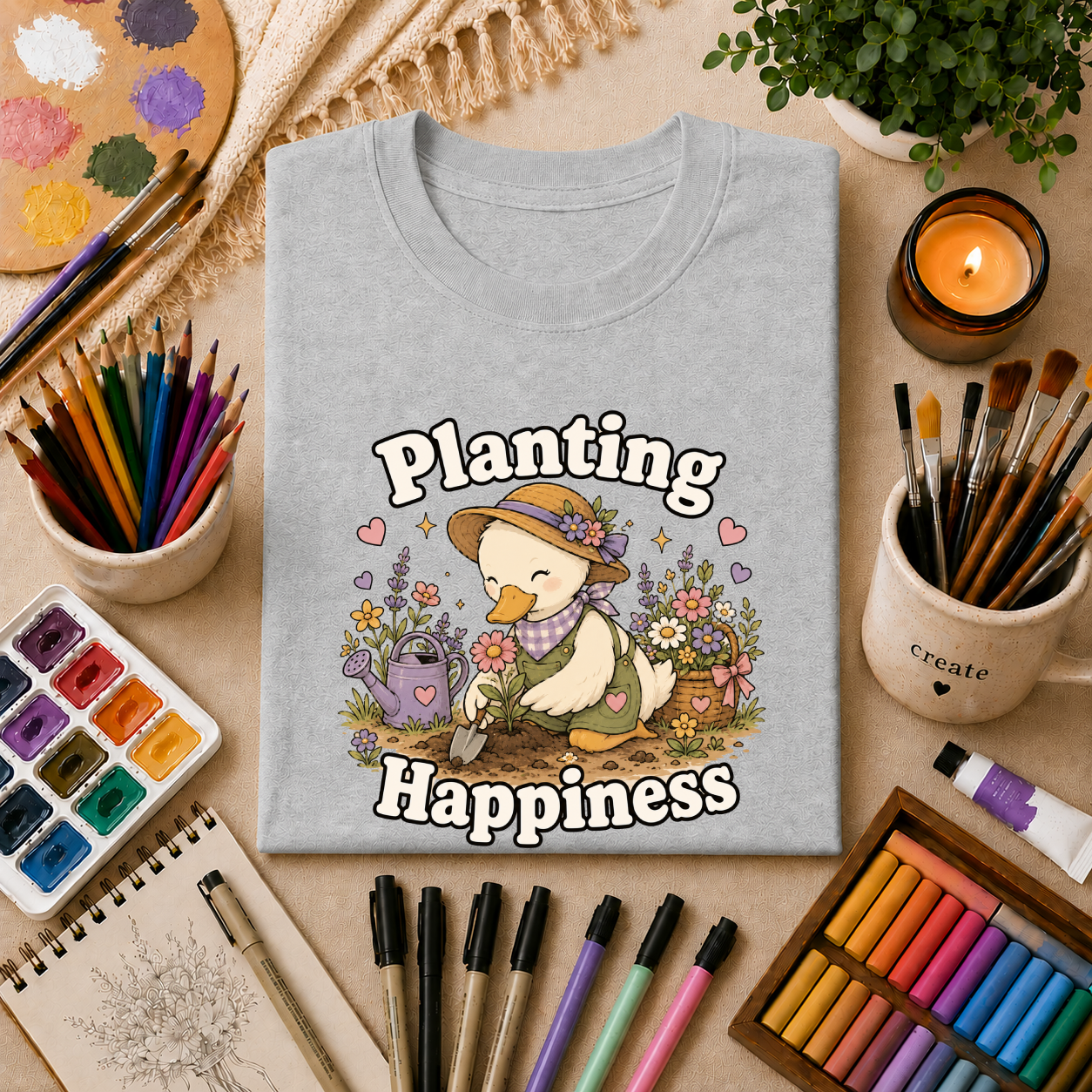 T-Shirt — "Planting Happiness" Cute Duck Gardening Graphic Tee