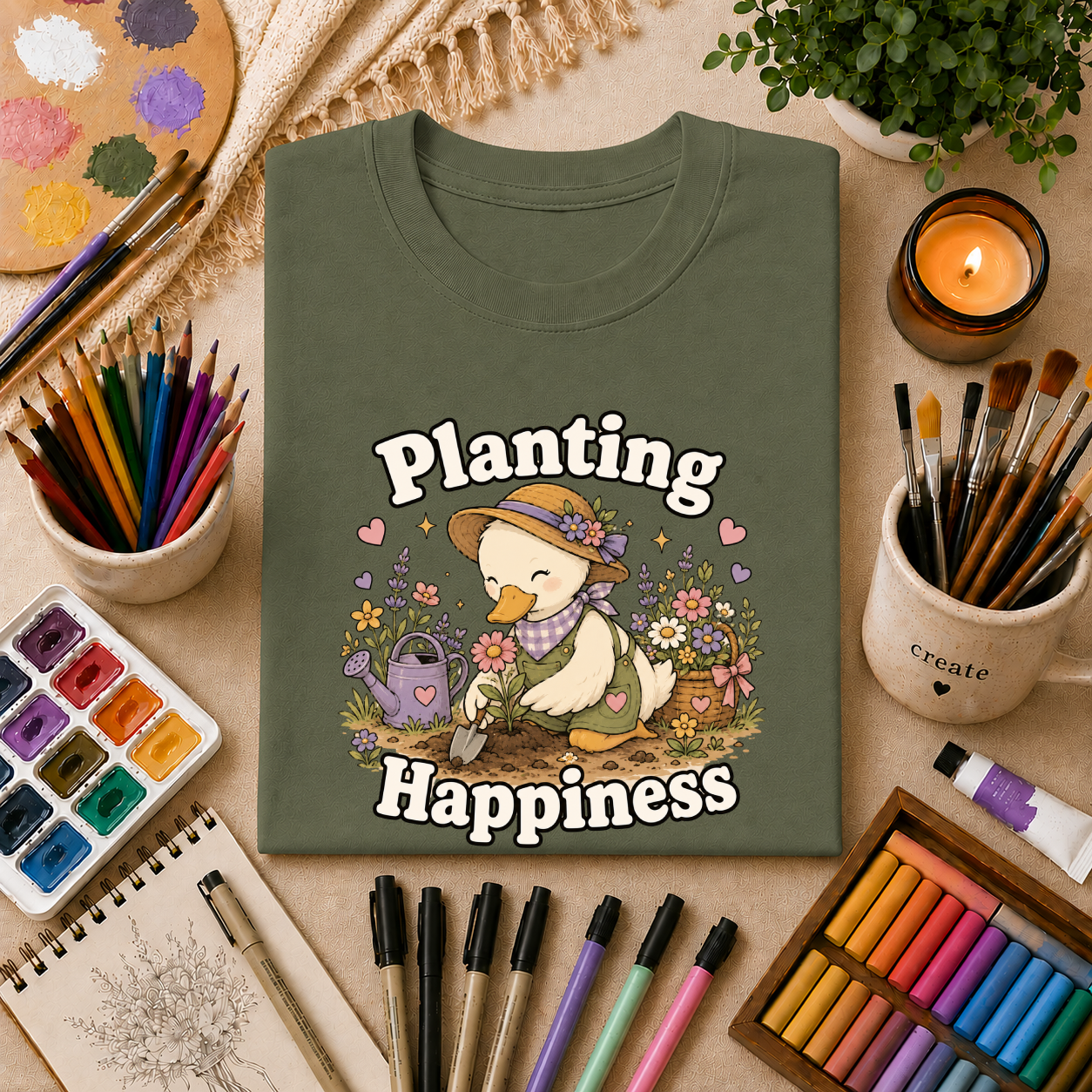 T-Shirt — "Planting Happiness" Cute Duck Gardening Graphic Tee