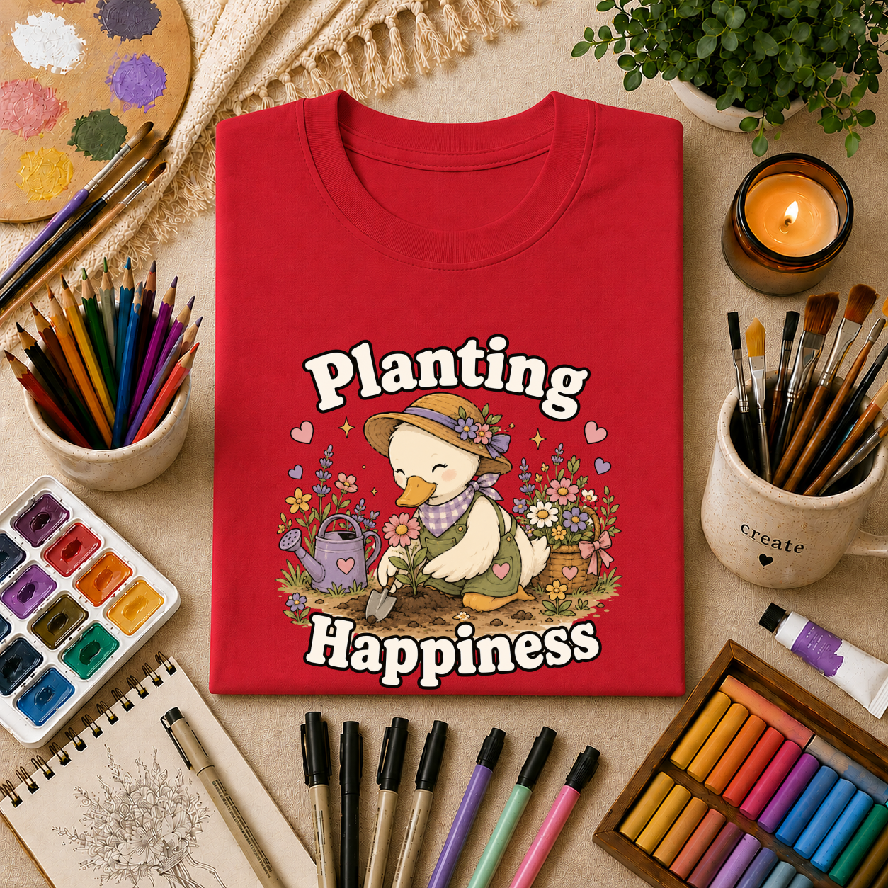 T-Shirt — "Planting Happiness" Cute Duck Gardening Graphic Tee