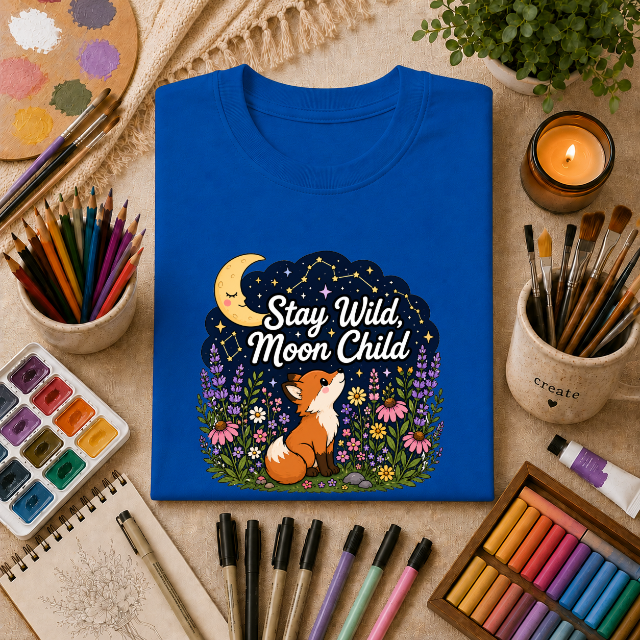 Moon Child T-Shirt — "Stay Wild, Moon Child" Fox & Moon Graphic Tee