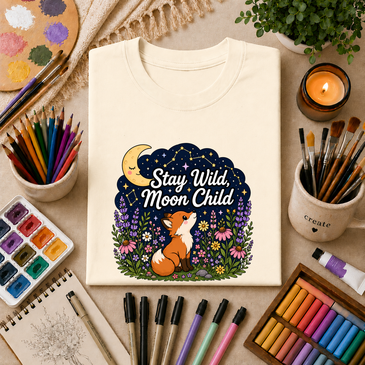 Moon Child T-Shirt — "Stay Wild, Moon Child" Fox & Moon Graphic Tee