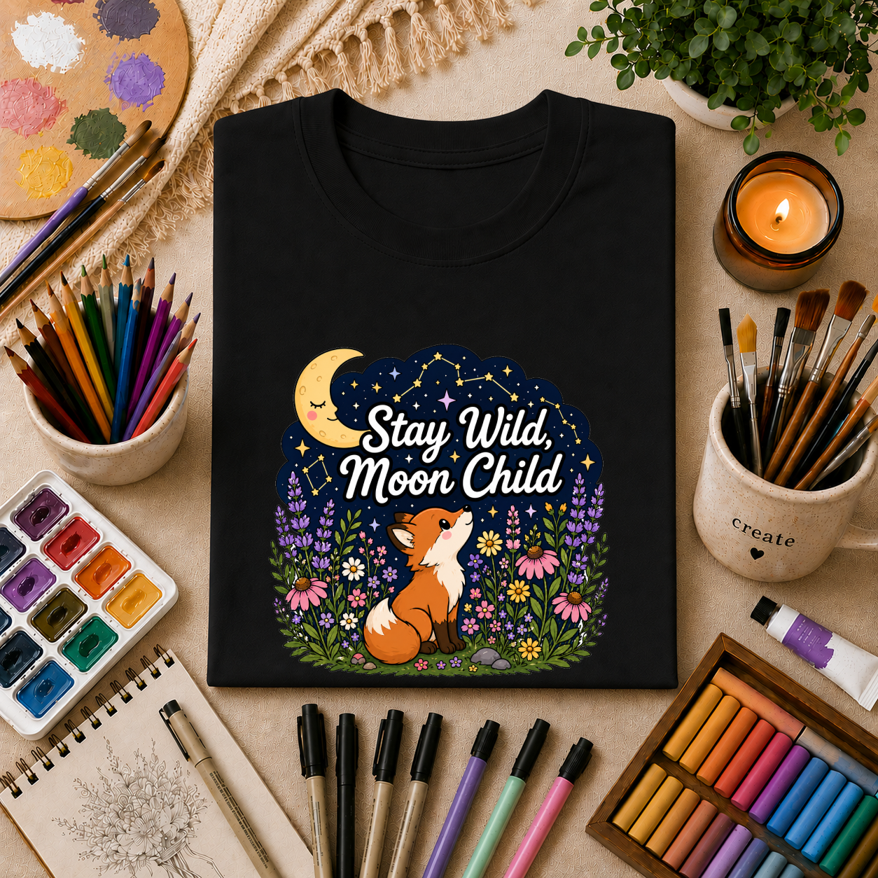 Moon Child T-Shirt — "Stay Wild, Moon Child" Fox & Moon Graphic Tee