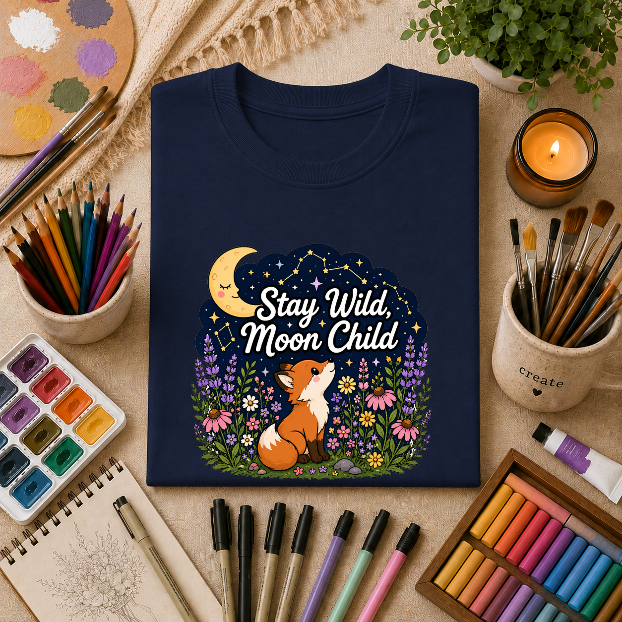 Moon Child T-Shirt — "Stay Wild, Moon Child" Fox & Moon Graphic Tee