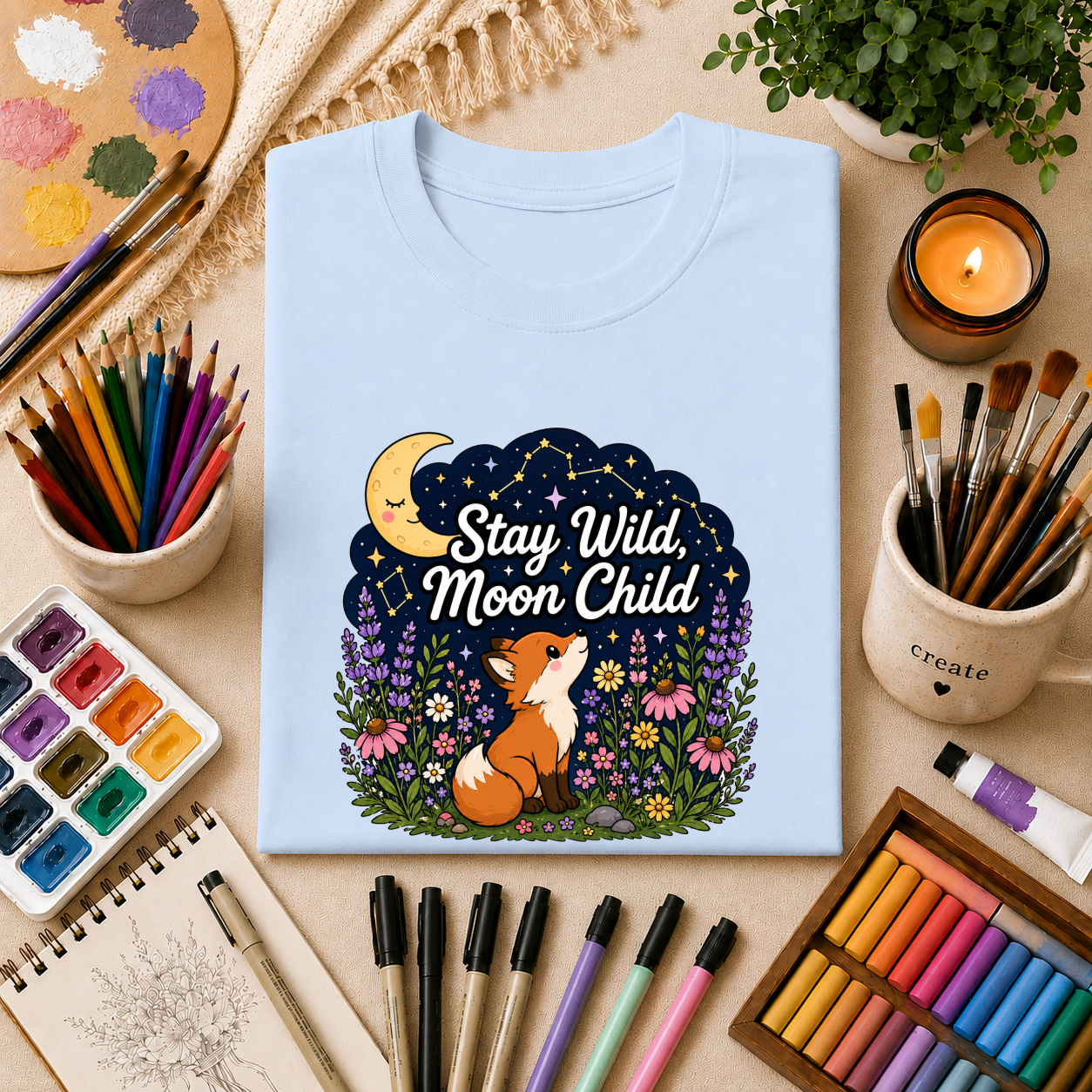 Moon Child T-Shirt — "Stay Wild, Moon Child" Fox & Moon Graphic Tee
