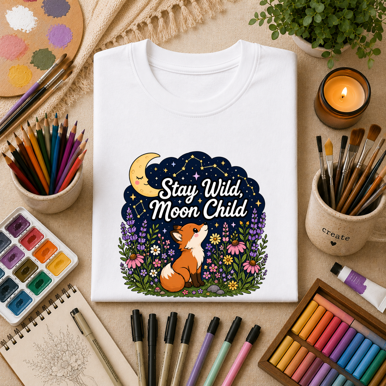 Moon Child T-Shirt — "Stay Wild, Moon Child" Fox & Moon Graphic Tee