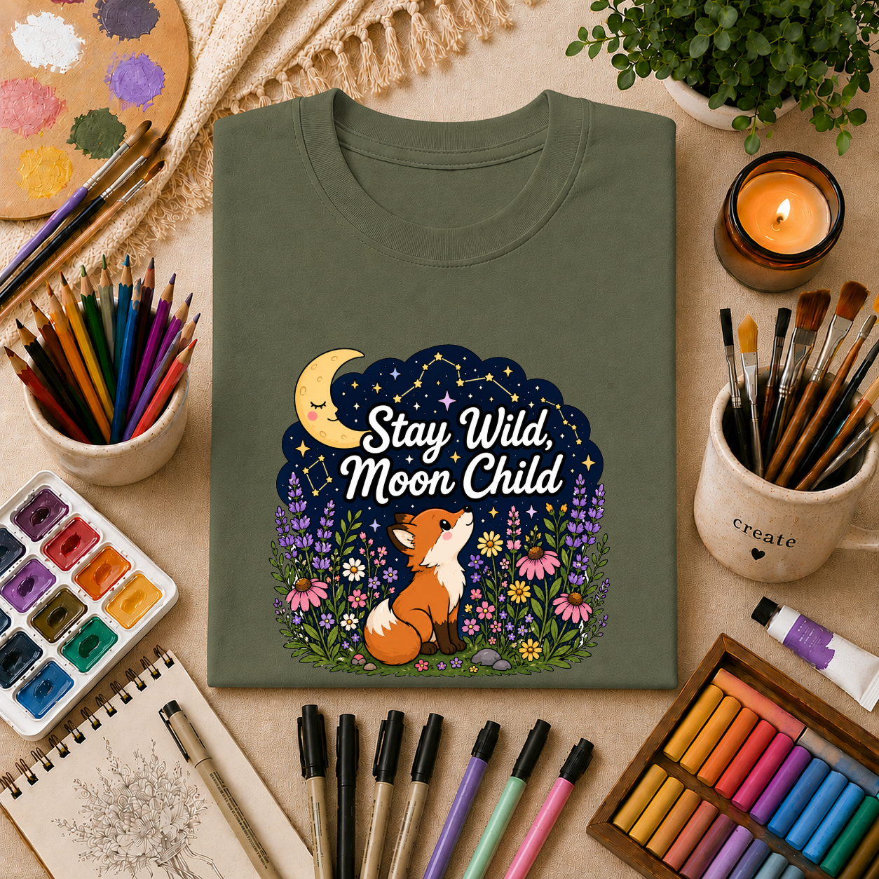 Moon Child T-Shirt — "Stay Wild, Moon Child" Fox & Moon Graphic Tee