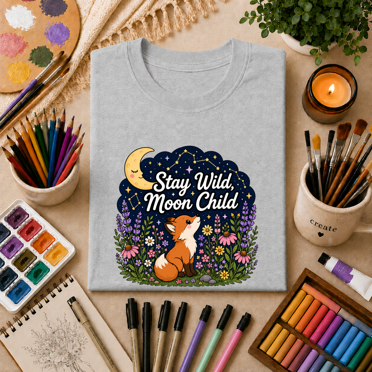 Moon Child T-Shirt — "Stay Wild, Moon Child" Fox & Moon Graphic Tee