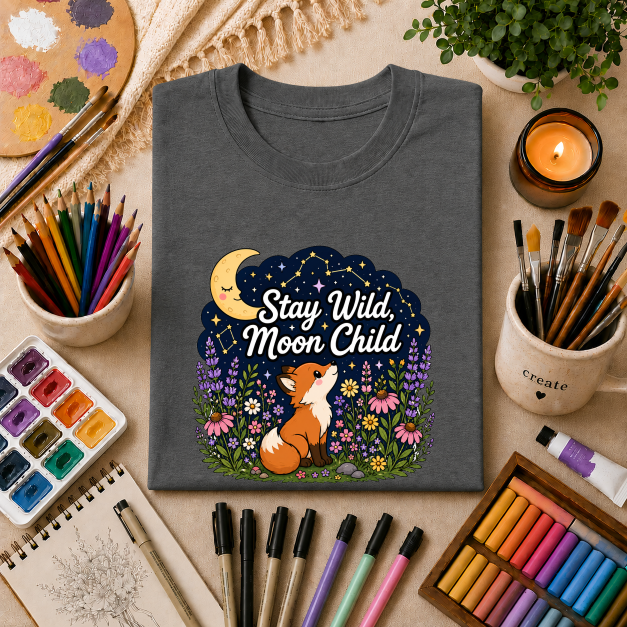 Moon Child T-Shirt — "Stay Wild, Moon Child" Fox & Moon Graphic Tee