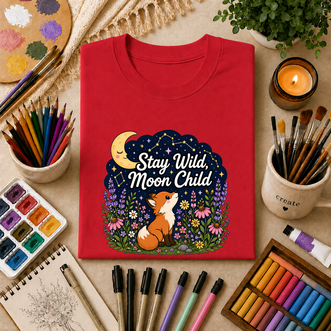 Moon Child T-Shirt — "Stay Wild, Moon Child" Fox & Moon Graphic Tee