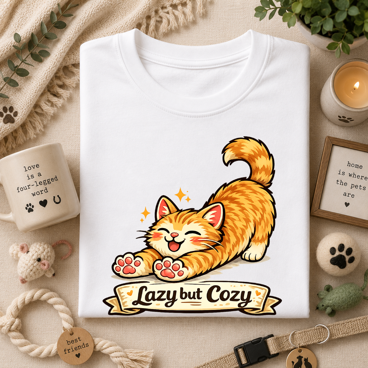 Cozy Cat T-Shirt — Cute Stretching Orange Kitten "Lazy but Cozy" Shirt