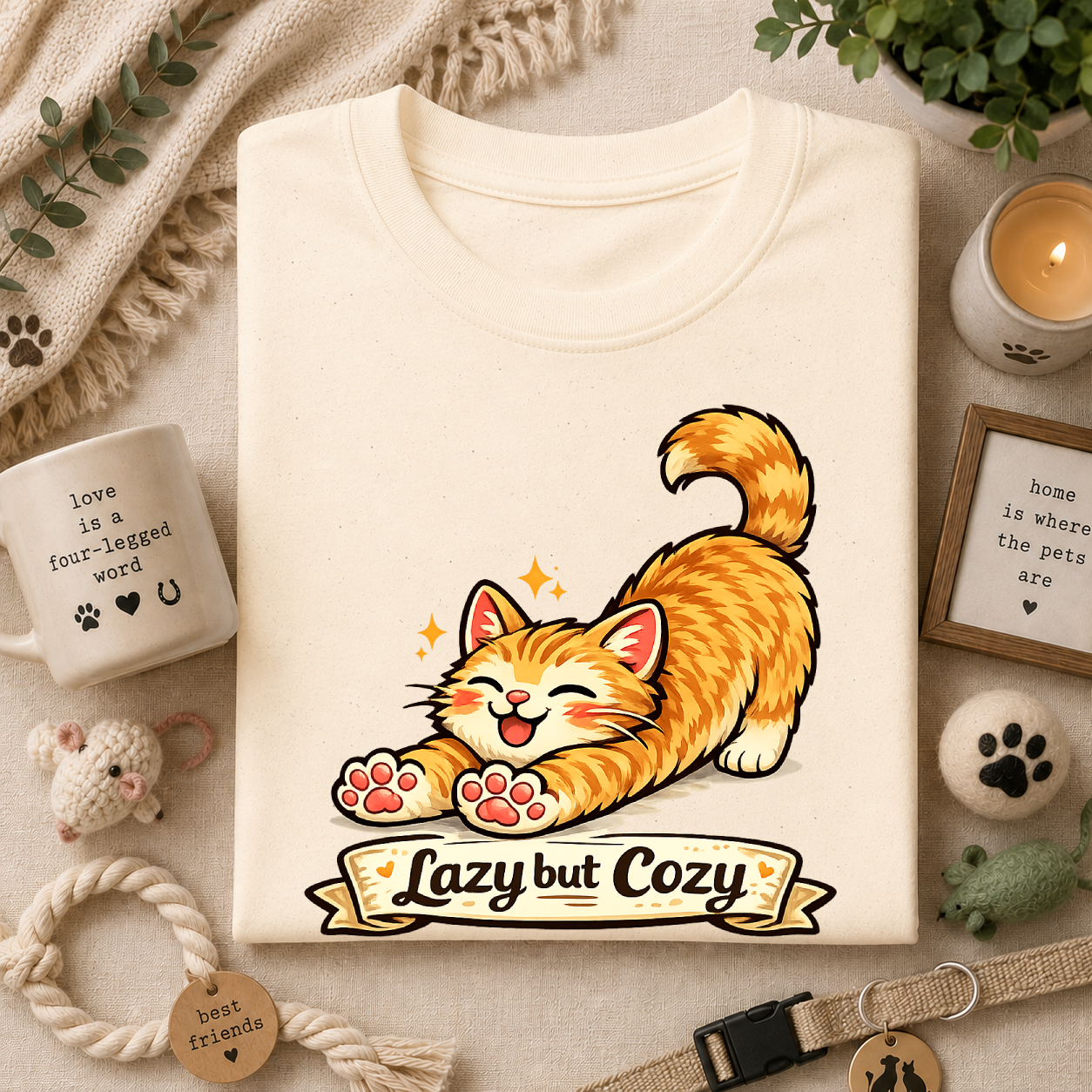 Cozy Cat T-Shirt — Cute Stretching Orange Kitten "Lazy but Cozy" Shirt