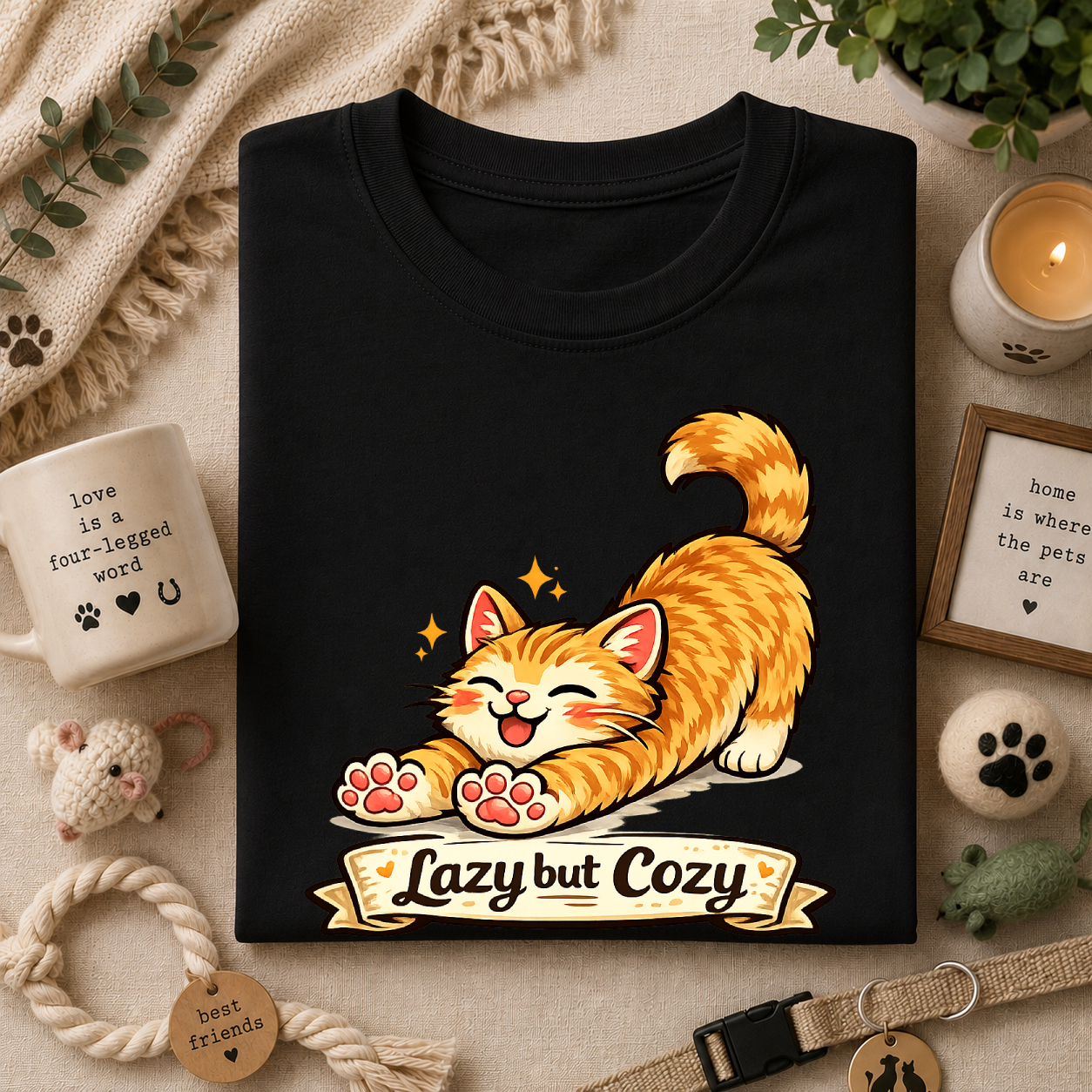 Cozy Cat T-Shirt — Cute Stretching Orange Kitten "Lazy but Cozy" Shirt