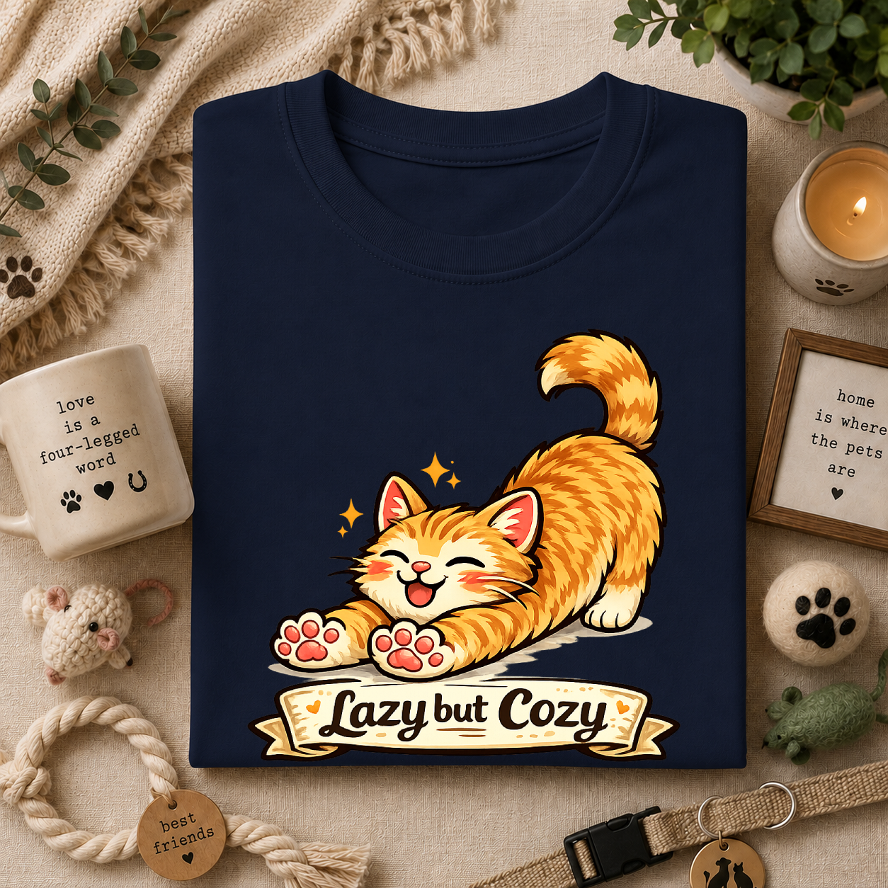 Cozy Cat T-Shirt — Cute Stretching Orange Kitten "Lazy but Cozy" Shirt