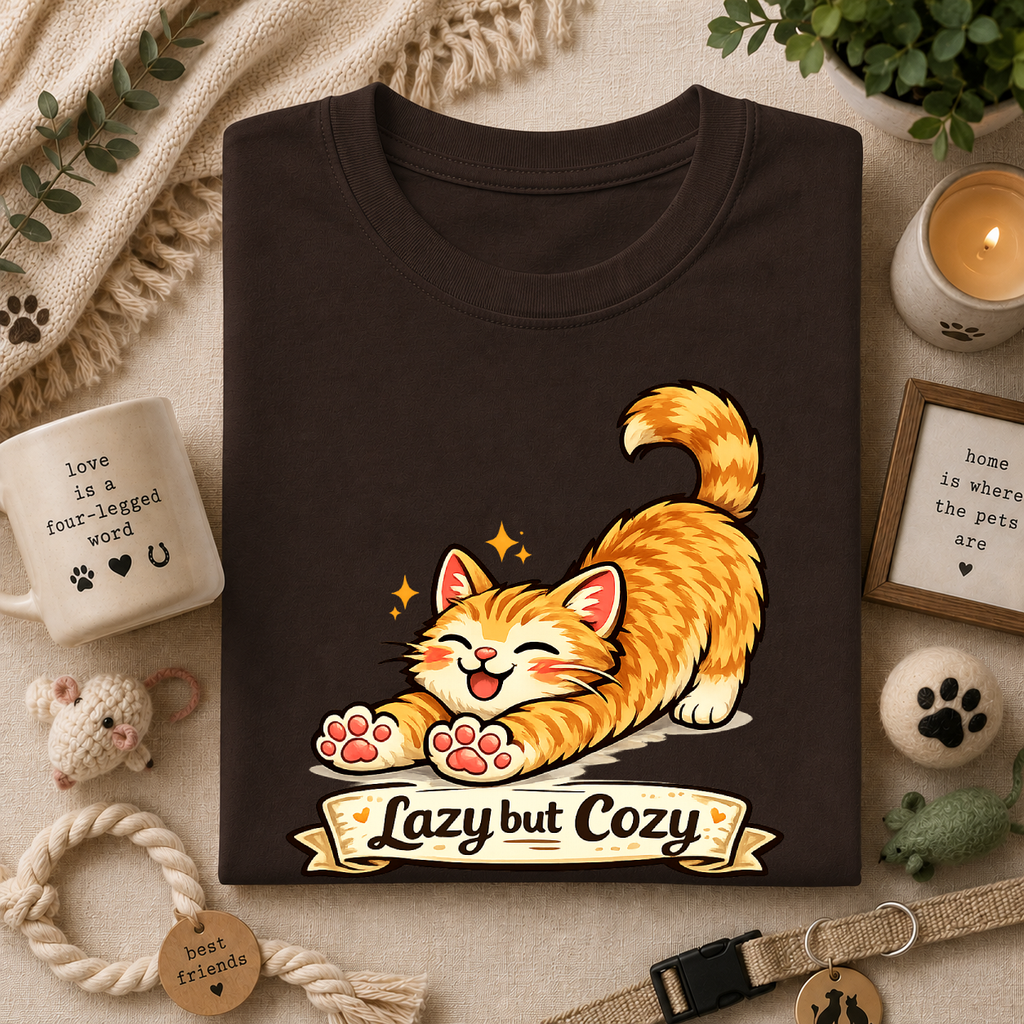 Cozy Cat T-Shirt — Cute Stretching Orange Kitten "Lazy but Cozy" Shirt