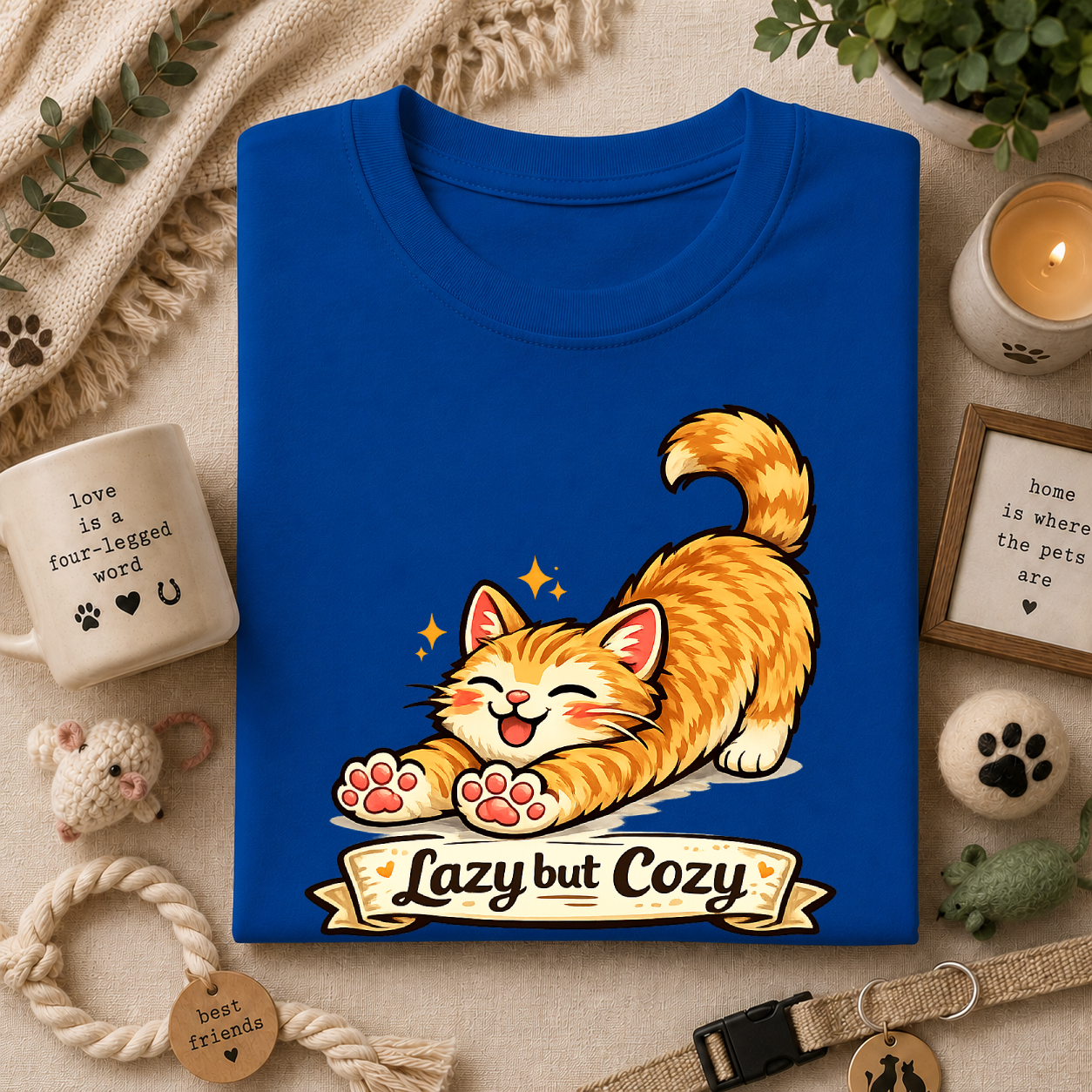 Cozy Cat T-Shirt — Cute Stretching Orange Kitten "Lazy but Cozy" Shirt