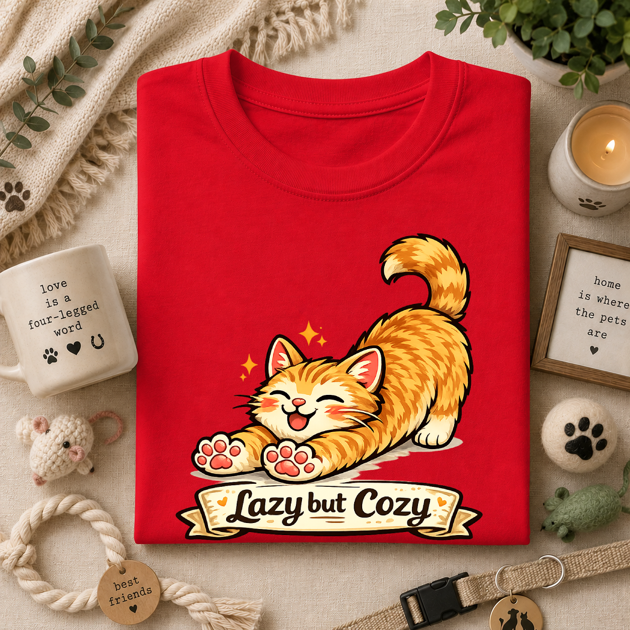 Cozy Cat T-Shirt — Cute Stretching Orange Kitten "Lazy but Cozy" Shirt