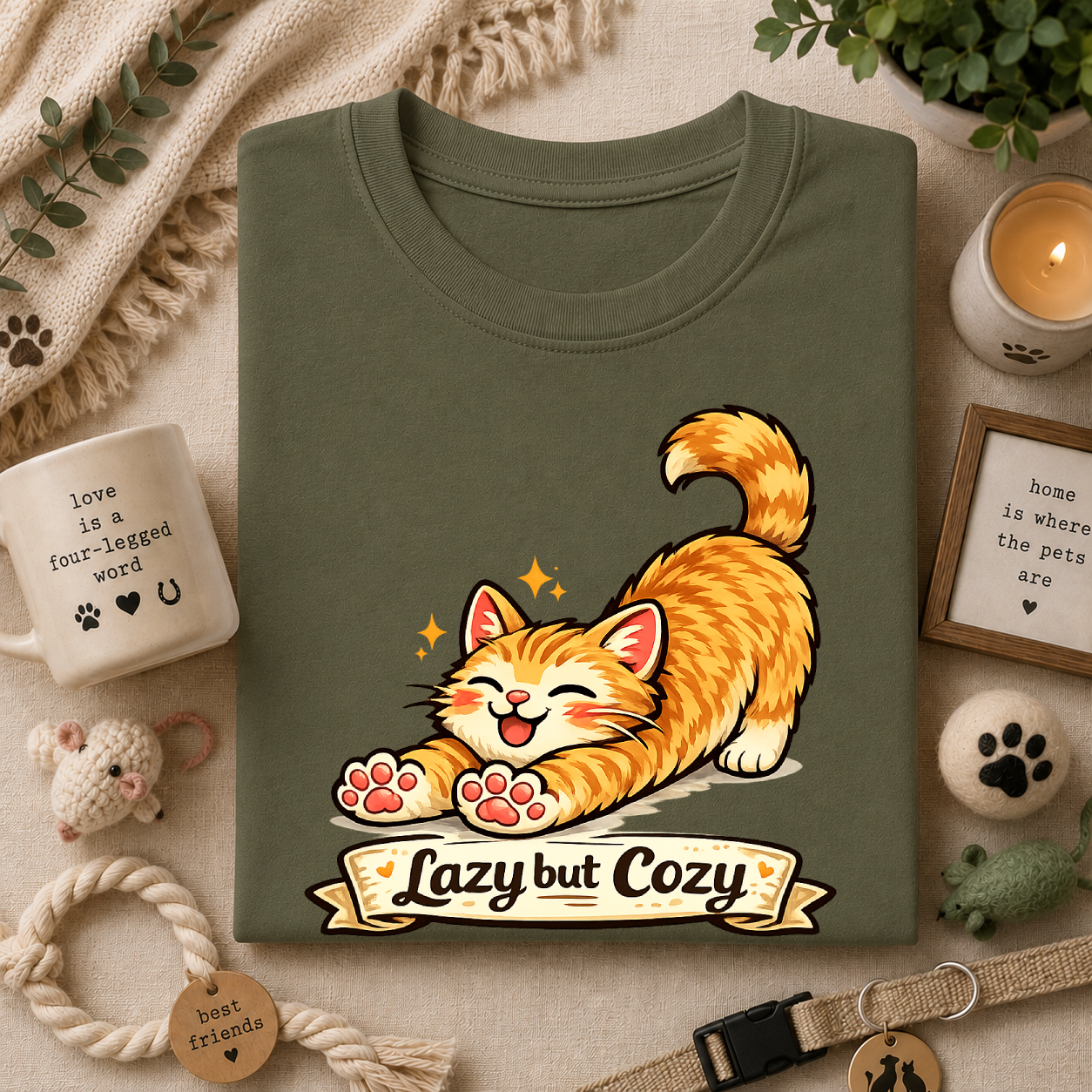 Cozy Cat T-Shirt — Cute Stretching Orange Kitten "Lazy but Cozy" Shirt