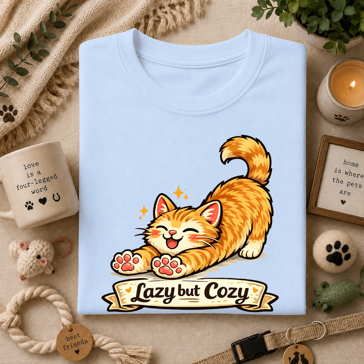 Cozy Cat T-Shirt — Cute Stretching Orange Kitten "Lazy but Cozy" Shirt