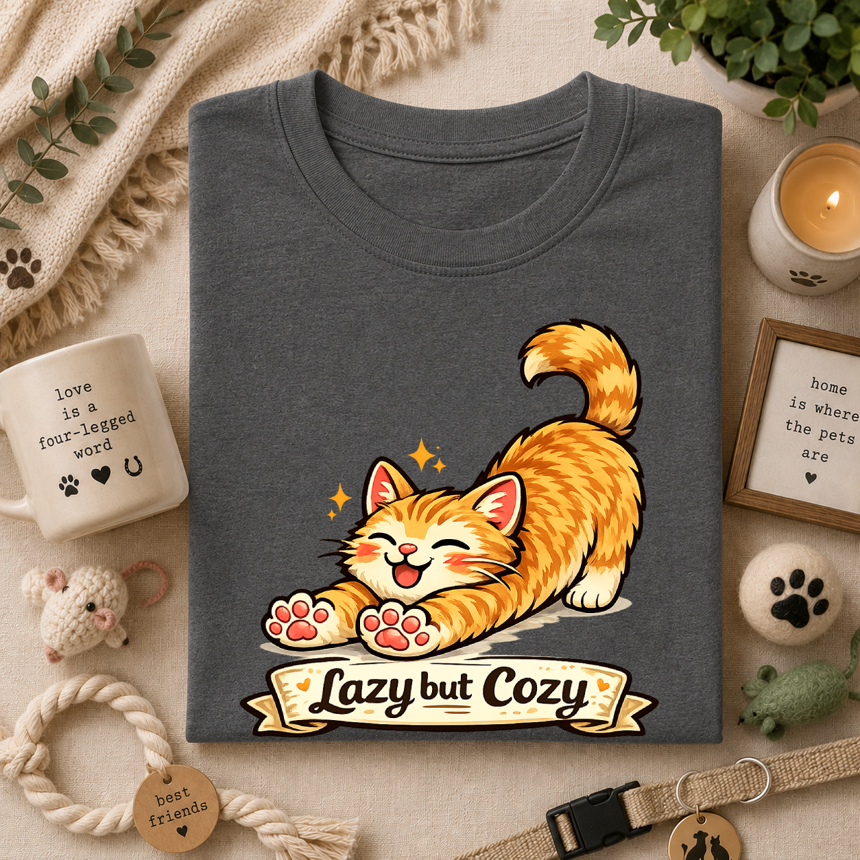Cozy Cat T-Shirt — Cute Stretching Orange Kitten "Lazy but Cozy" Shirt