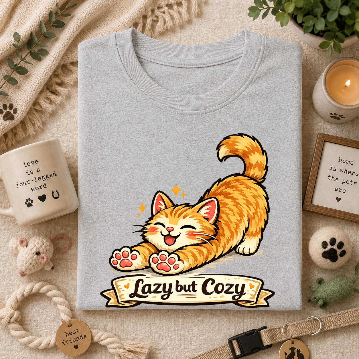 Cozy Cat T-Shirt — Cute Stretching Orange Kitten "Lazy but Cozy" Shirt